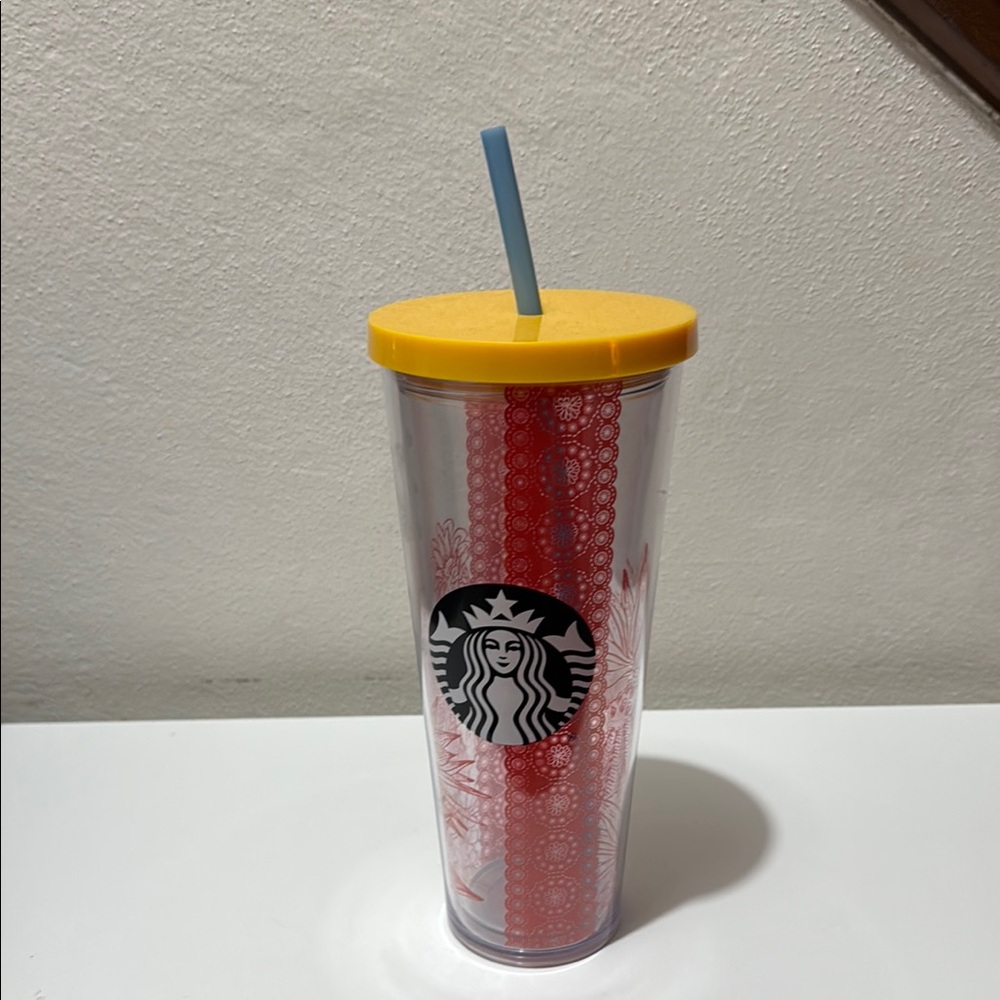 Starbucks Tumbler with Yellow Lid and Light Blue Straw